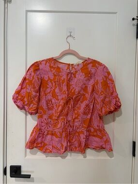 MELLODAY Pink and Orange Floral Peplum Blouse